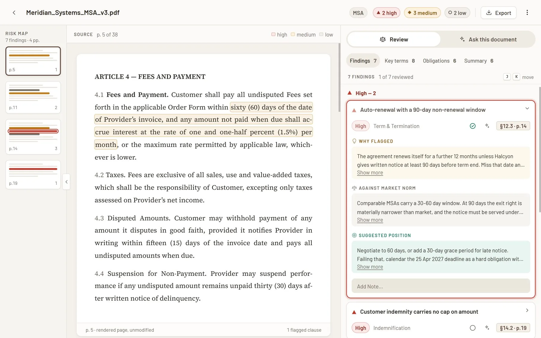 ClauseLens findings: a flagged clause with why it was flagged, market norm and suggested position