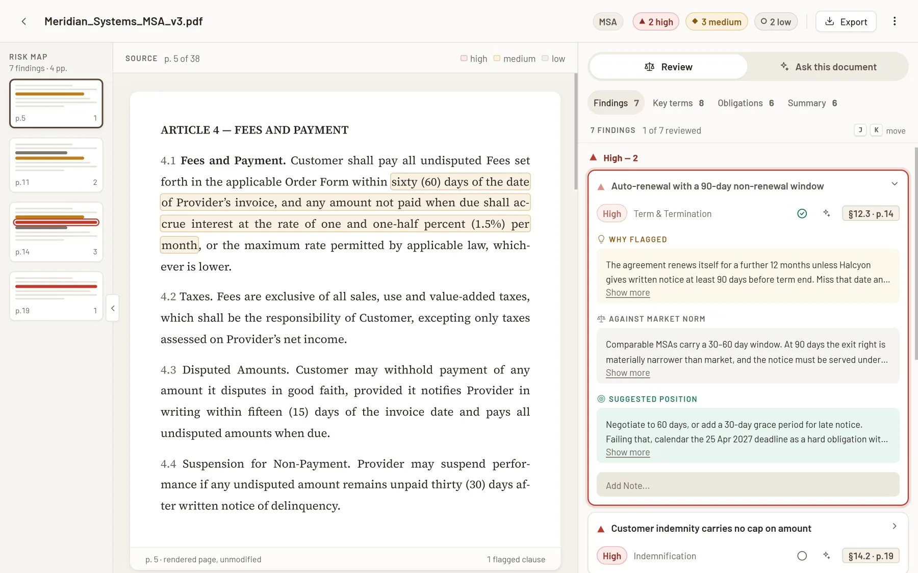 ClauseLens review screen: a contract page with flagged clauses beside risk findings