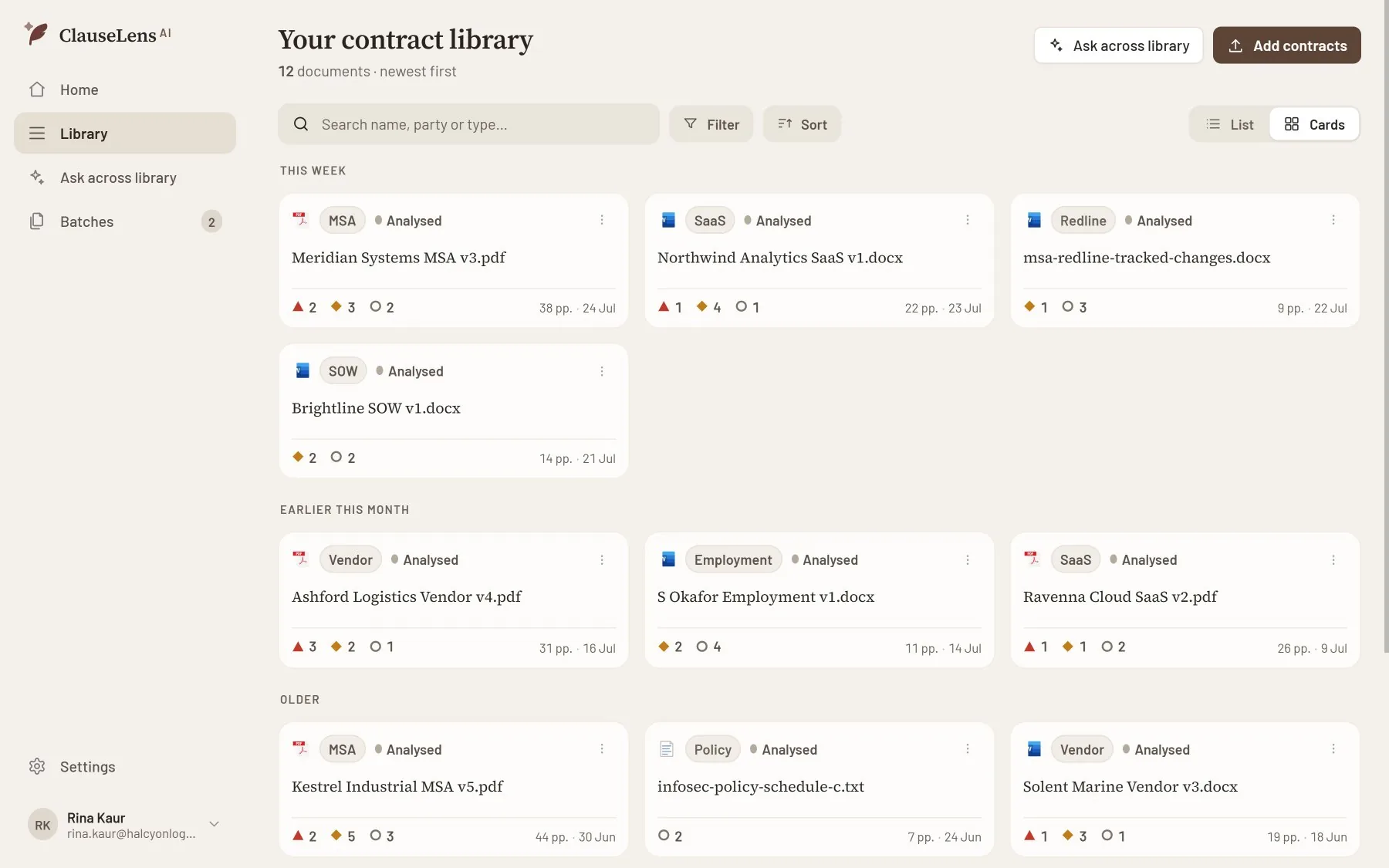ClauseLens contract library: analysed contracts as cards with risk counts