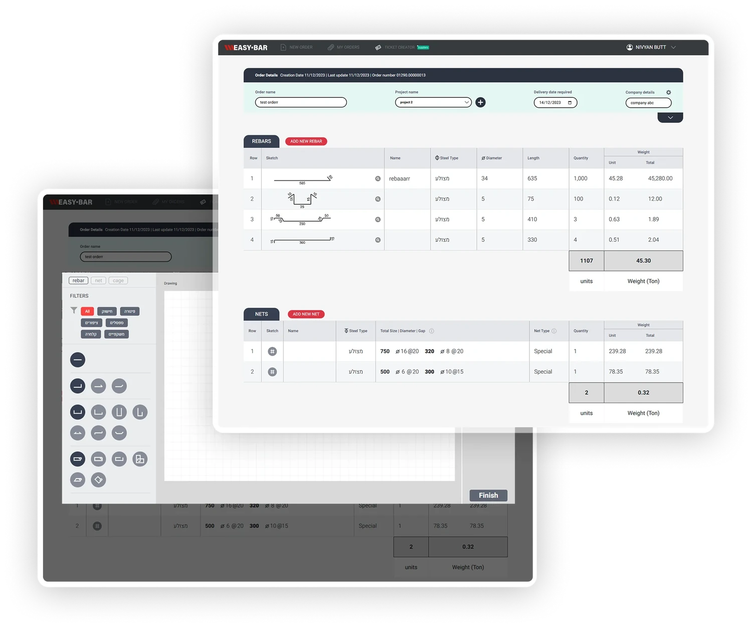 Automates rebar design and ordering — product interface