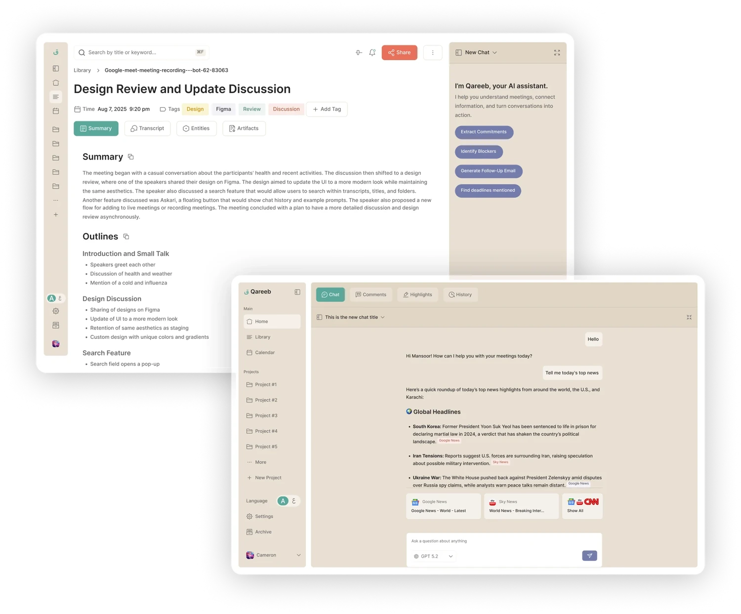 Turns meetings into AI-searchable knowledge — product interface
